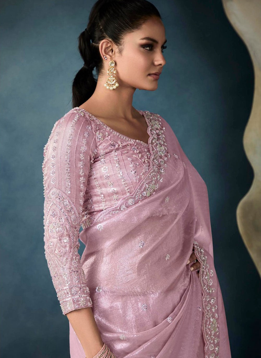 Cut Work Tissue Pink Classic Saree S14872