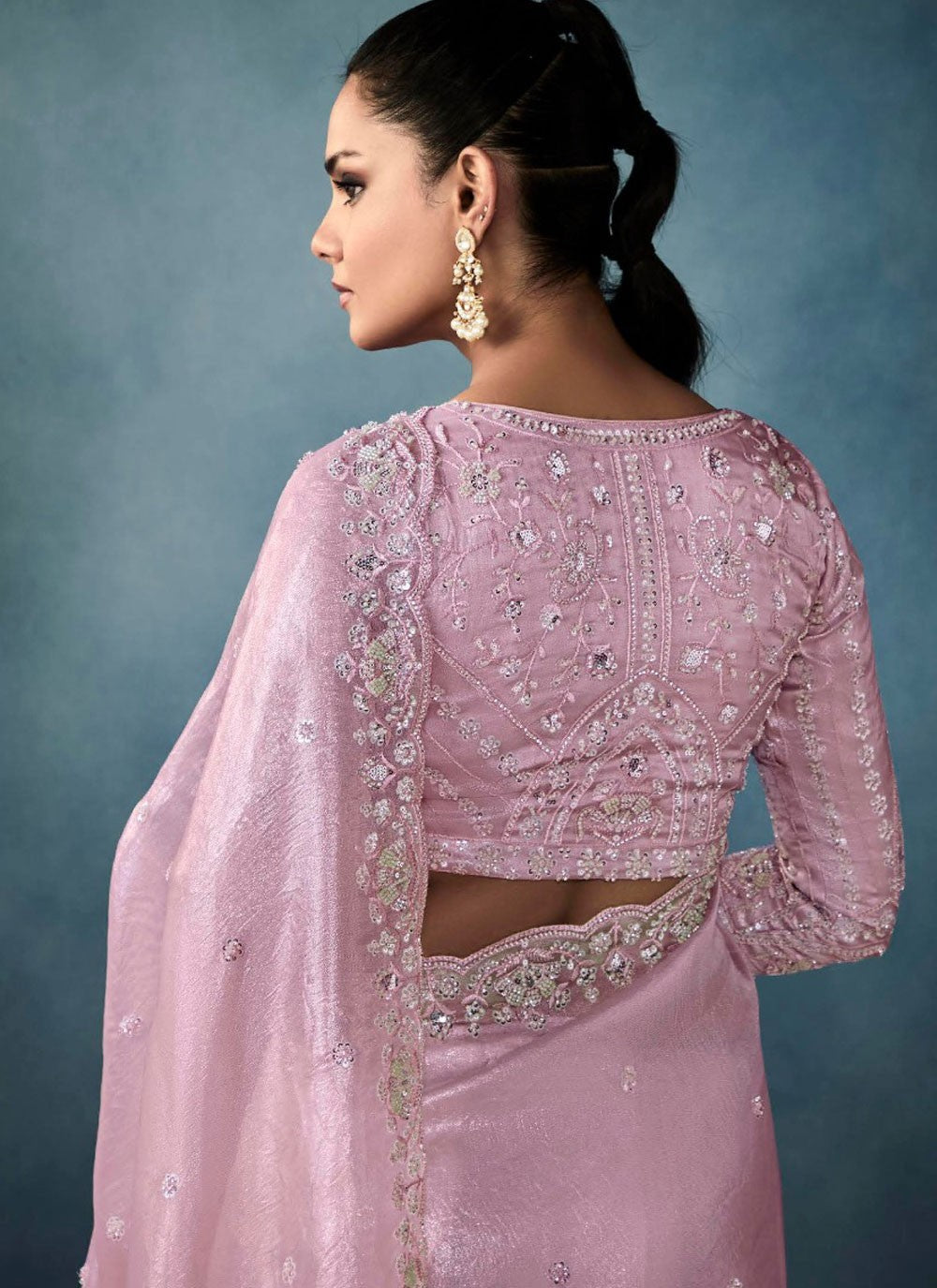 Cut Work Tissue Pink Classic Saree S14872