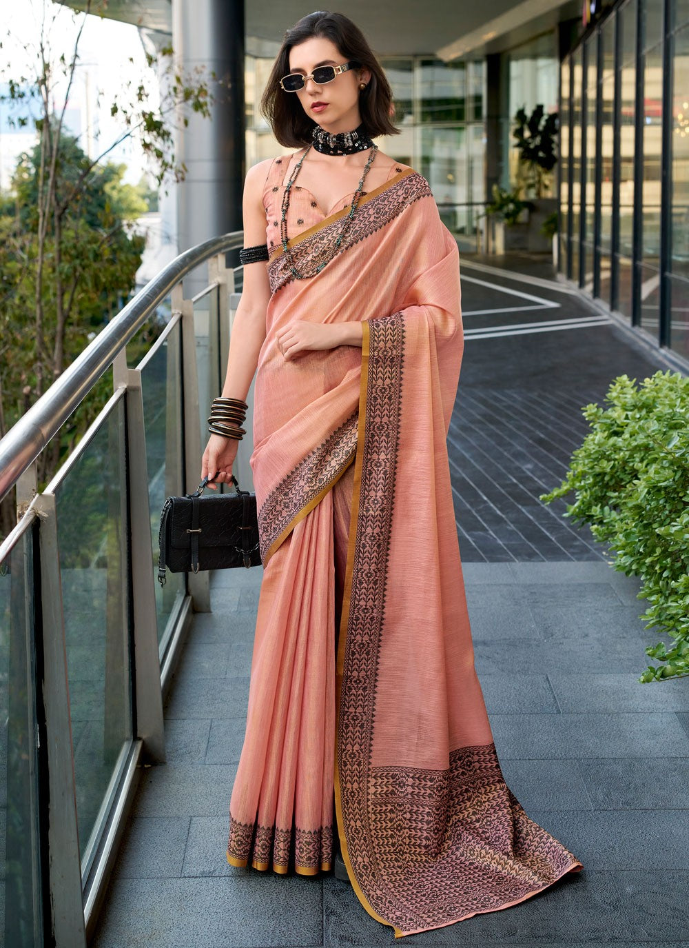 Contemporary Weaving Zari Pink Linen Saree S13531