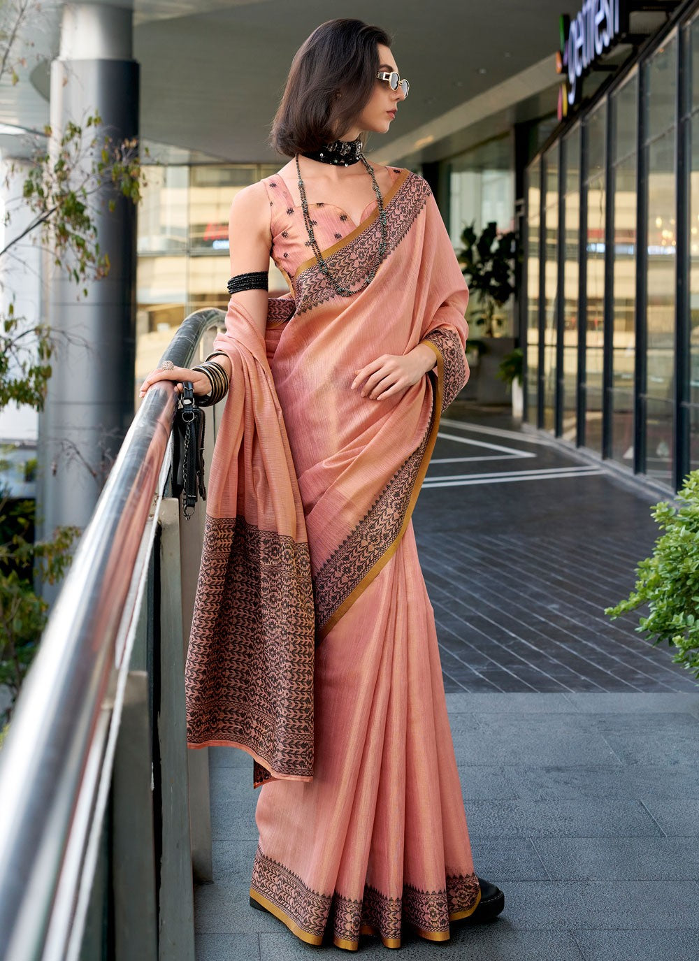 Contemporary Weaving Zari Pink Linen Saree S13531