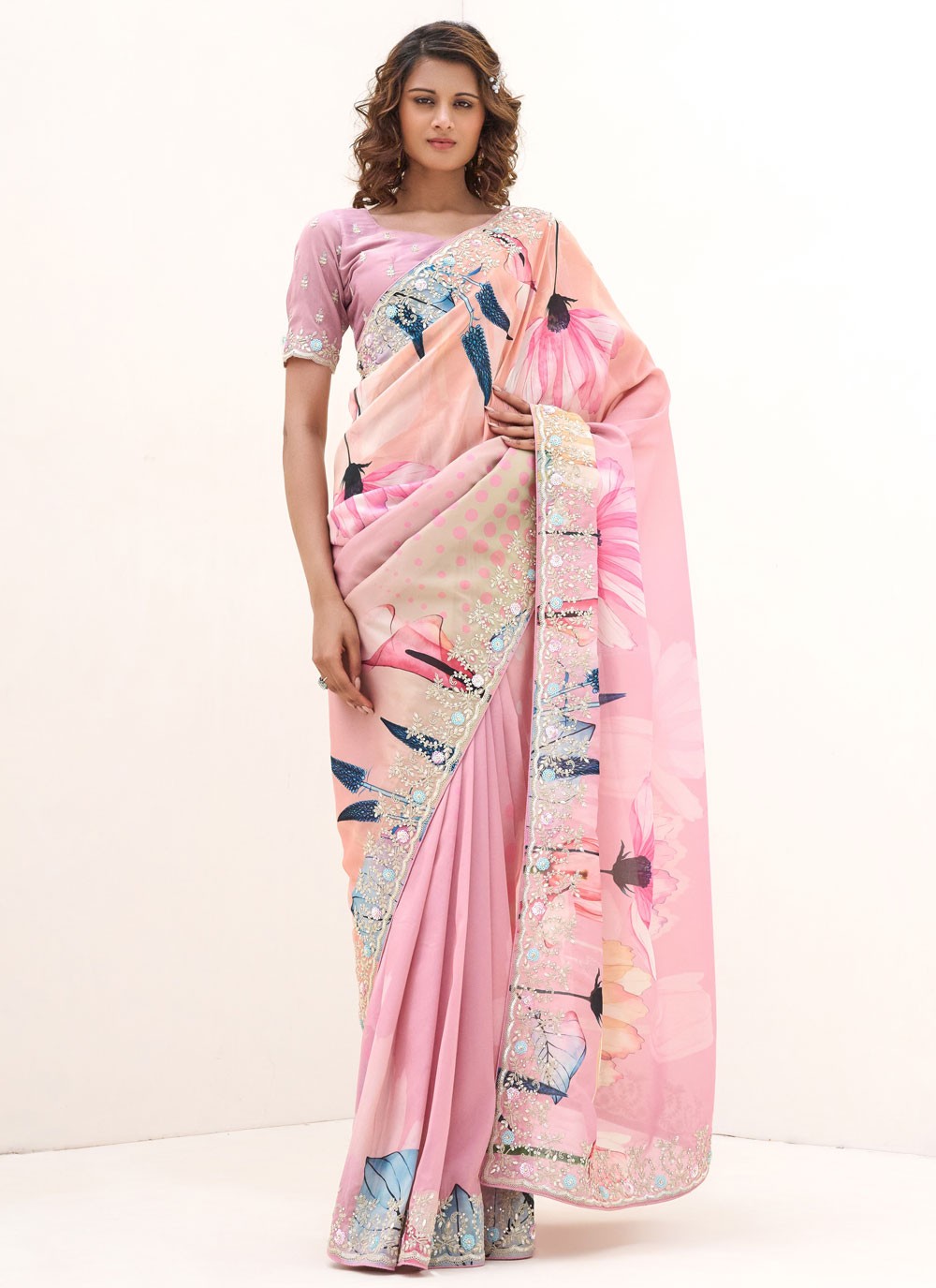 Pink Tissue Contemporary Saree Border Work, Digital Print, Embroidered S18667