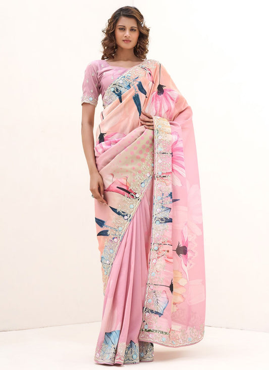 Pink Tissue Contemporary Saree Border Work, Digital Print, Embroidered S18667