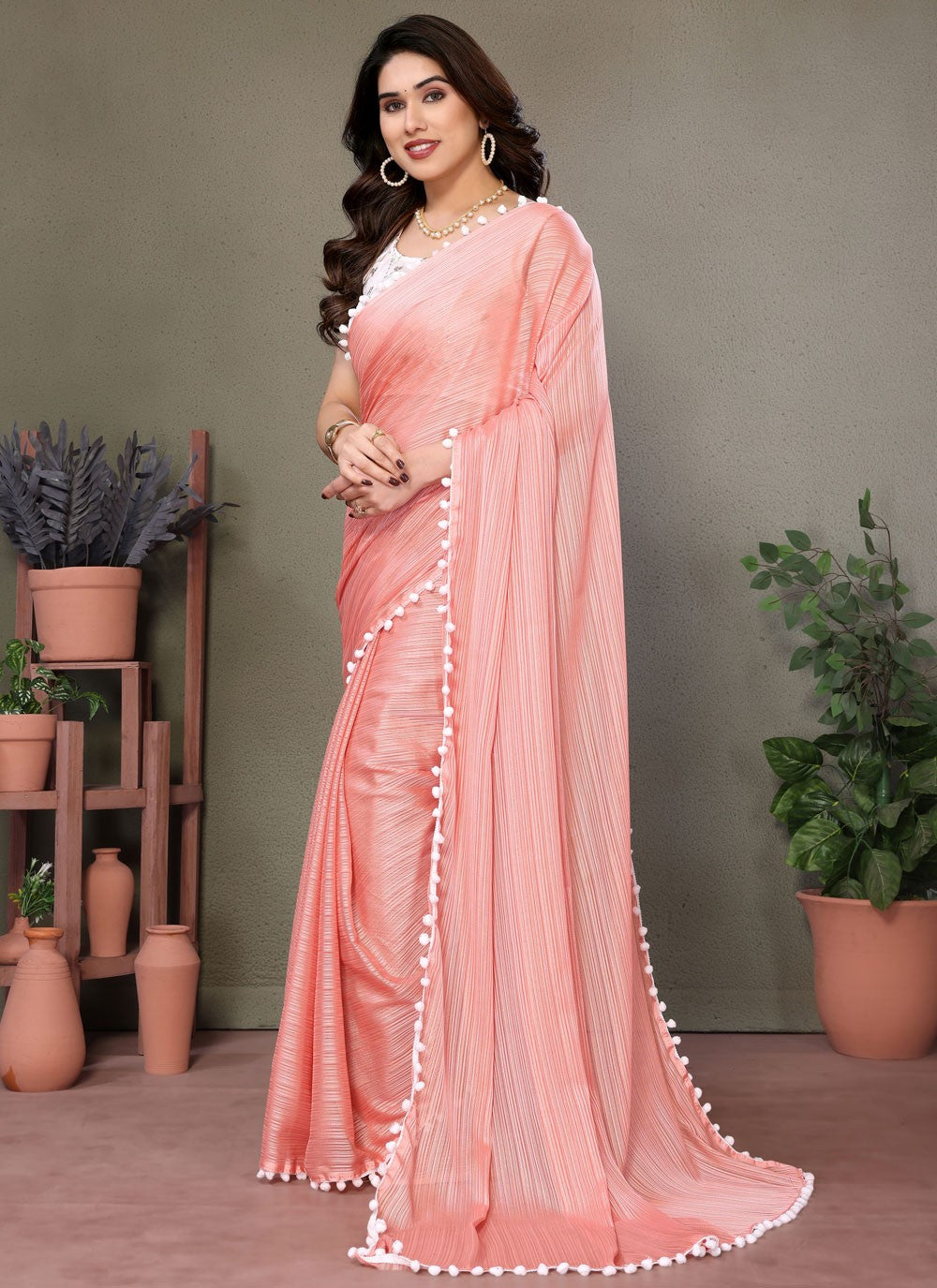 Traditional Border Work Pink Banglori Silk S12476