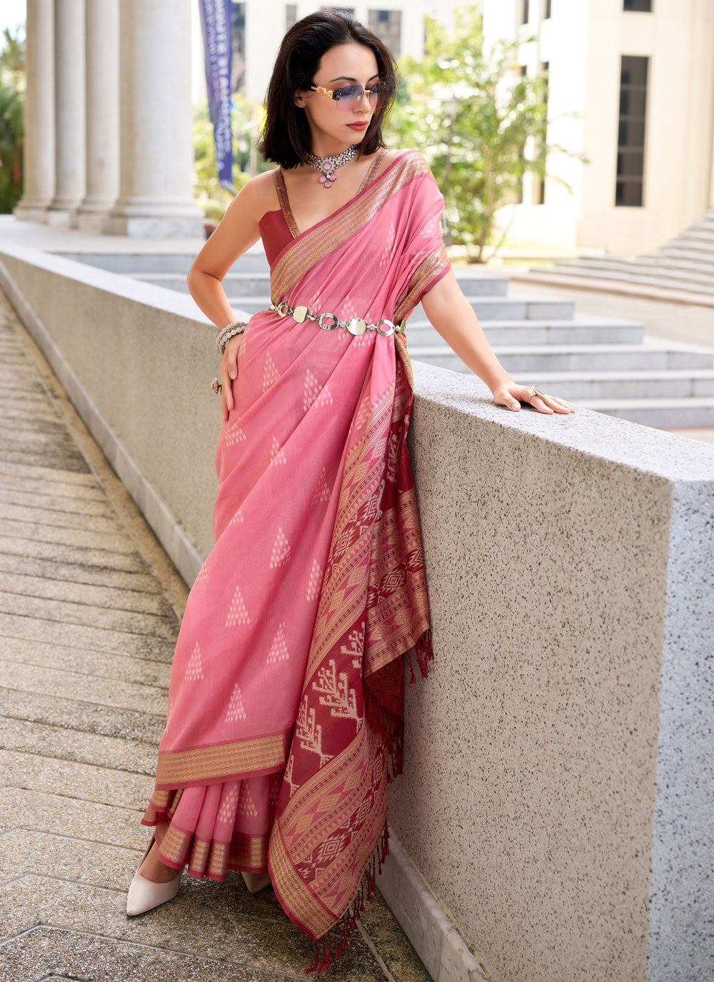 Traditional Weaving Zari Pink Rayon S12623