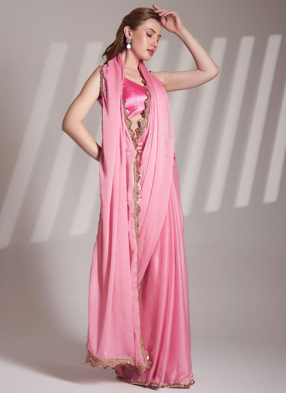 Traditional Border Work Pink Chiffon Saree S13593