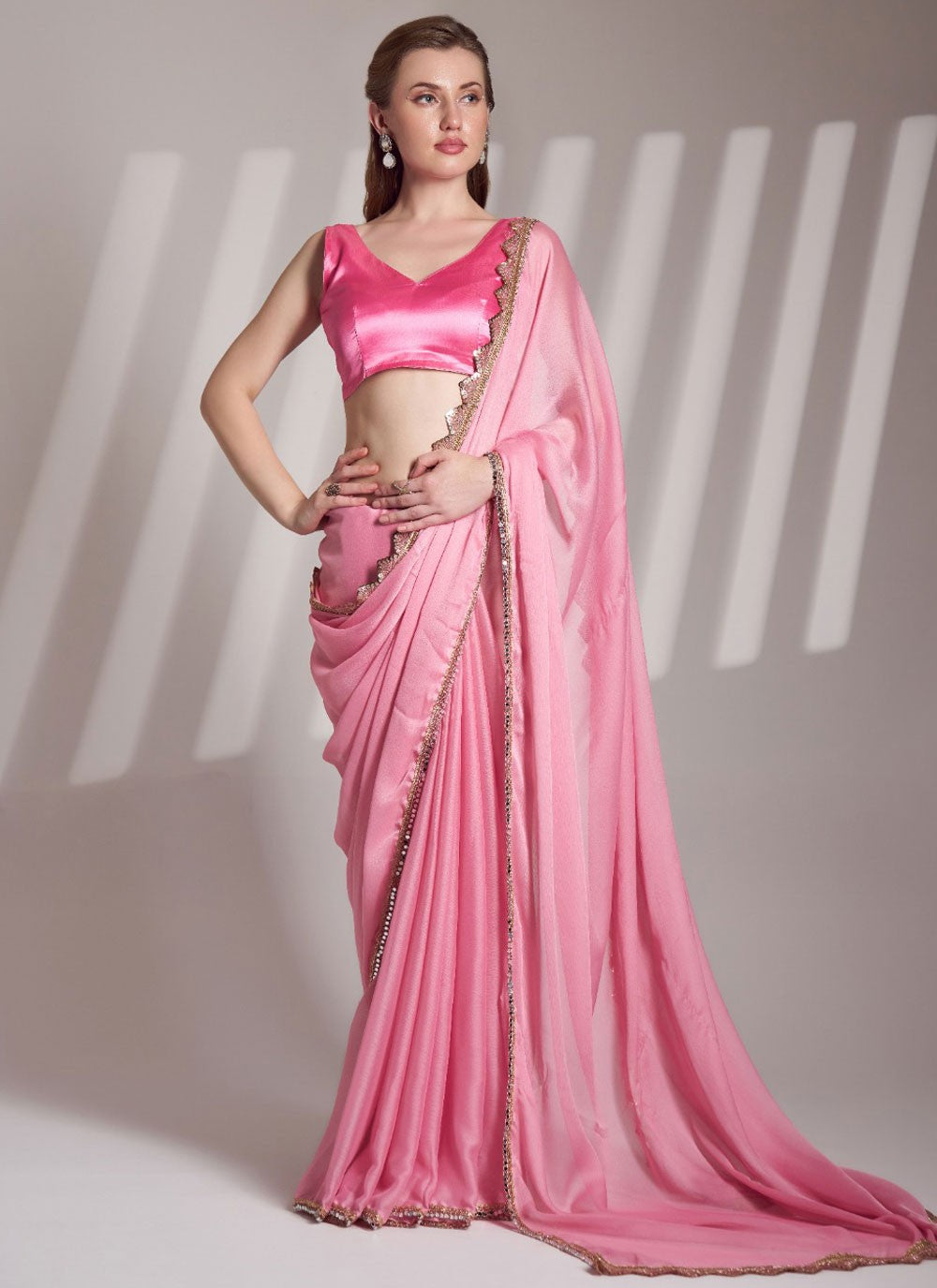 Traditional Border Work Pink Chiffon Saree S13593