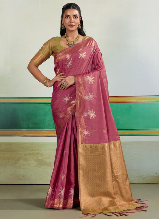Pink Tussar Silk Contemporary Saree Weaving Zari S19735