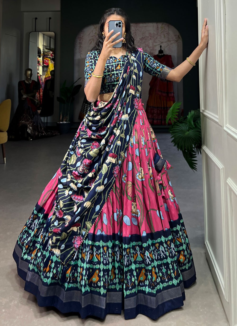 Patola Print Tussar Silk A - Line Lehenga - L2068