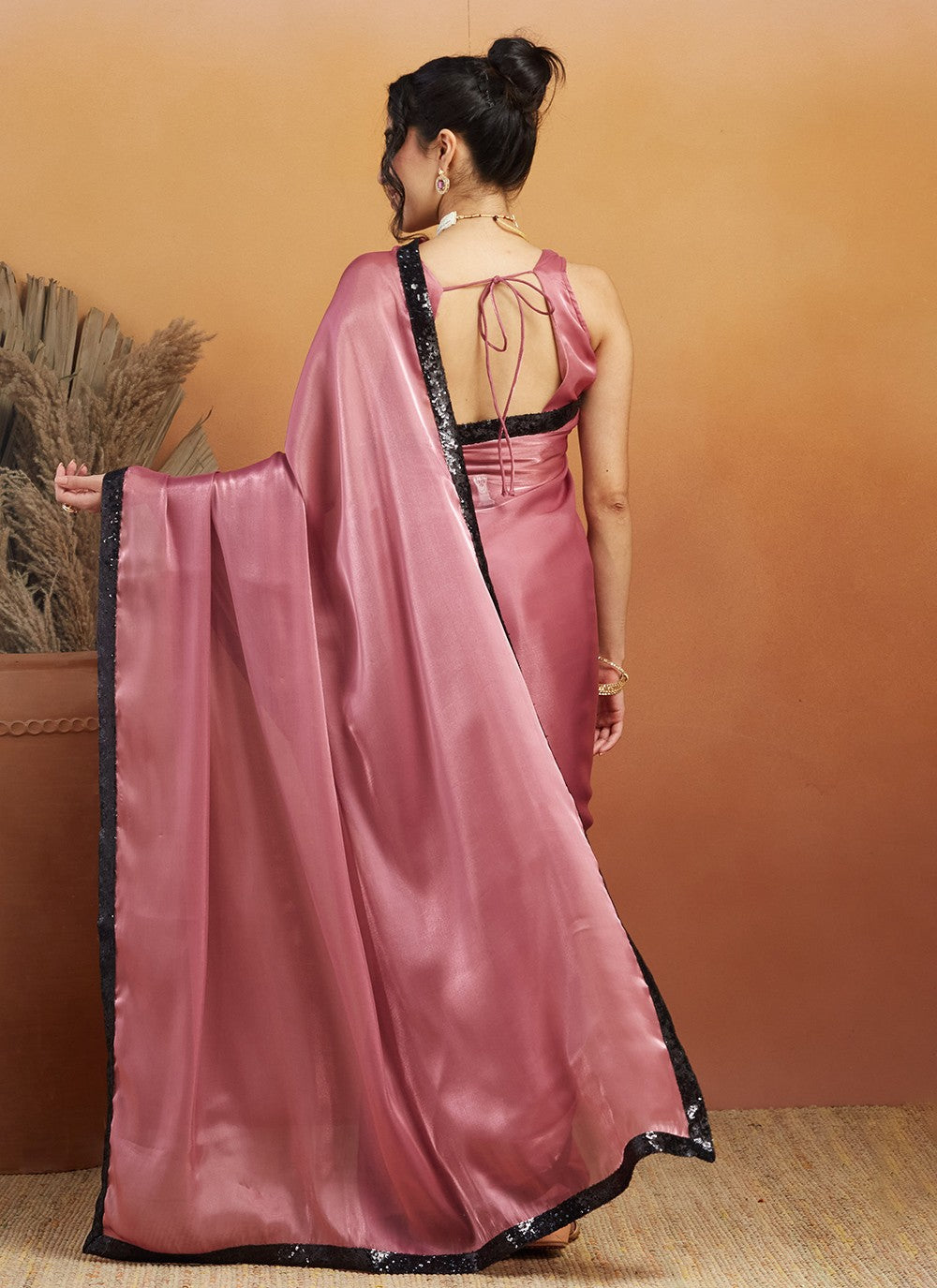 Pink Velvet Trendy Saree Embroidered, Lace S17474