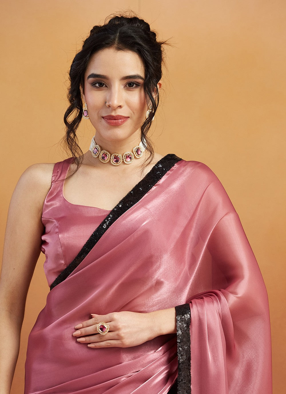 Pink Velvet Trendy Saree Embroidered, Lace S17474