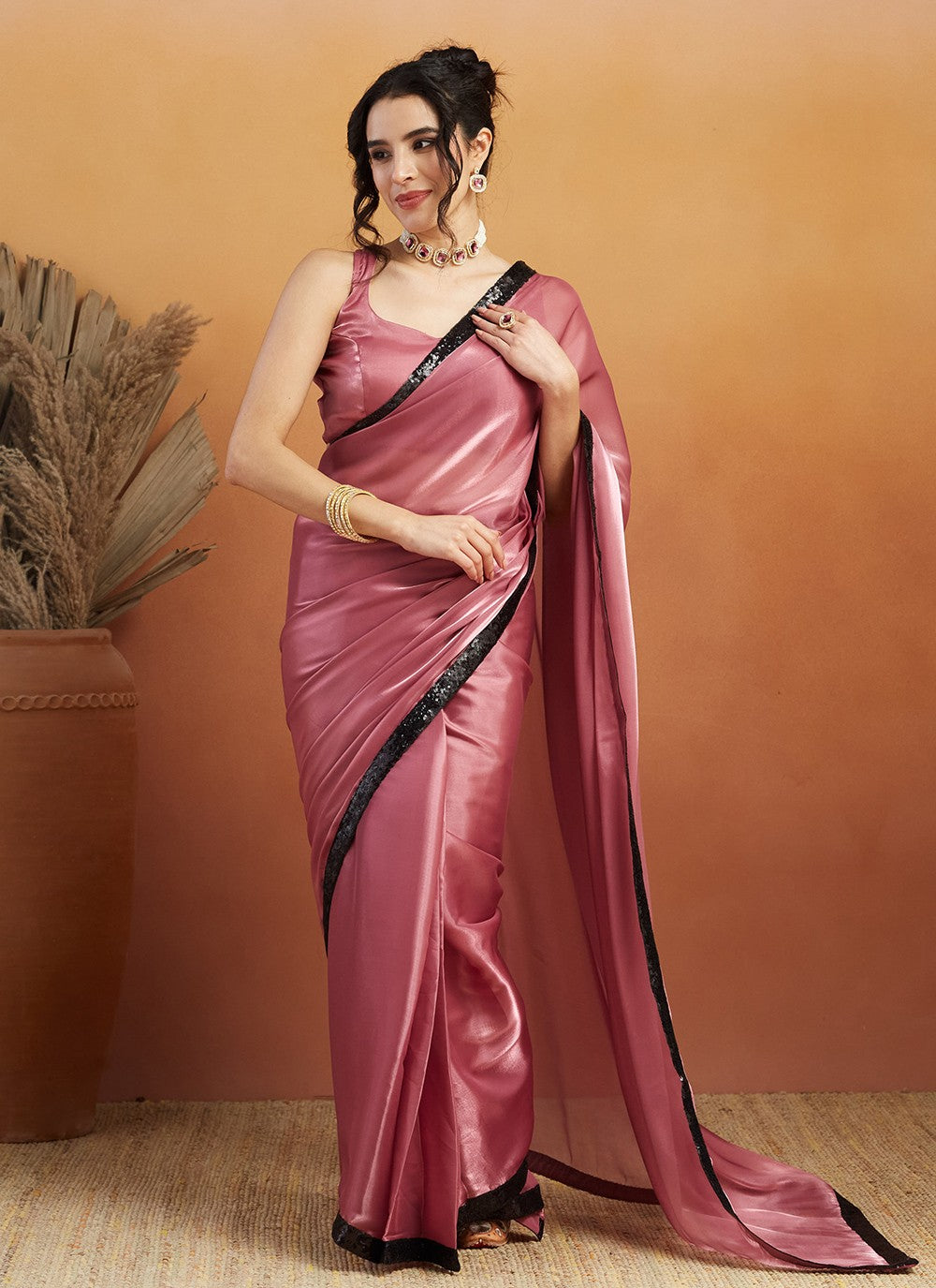 Pink Velvet Trendy Saree Embroidered, Lace S17474