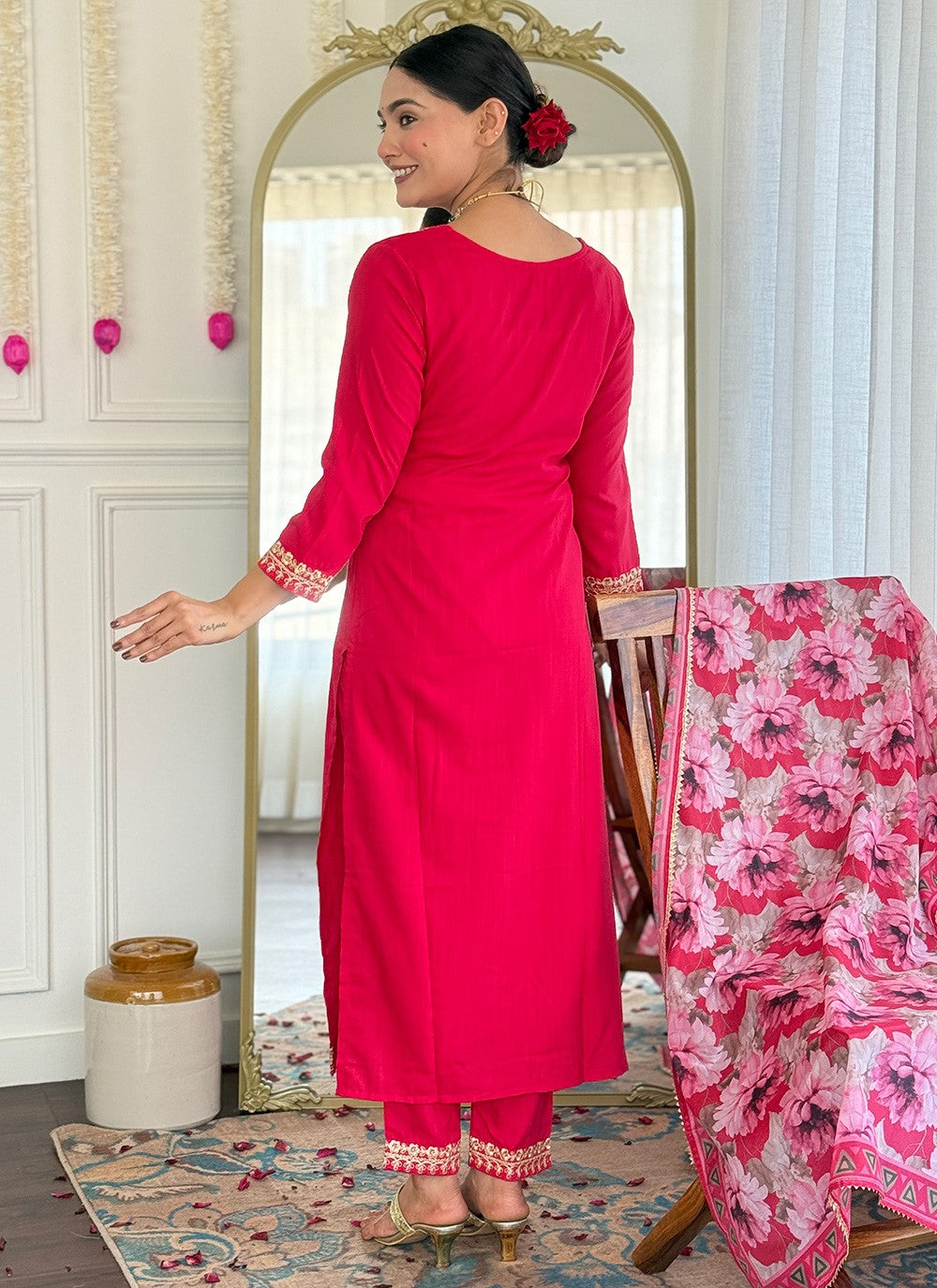 Salwar Suit Embroidered, Printed Pink T7365