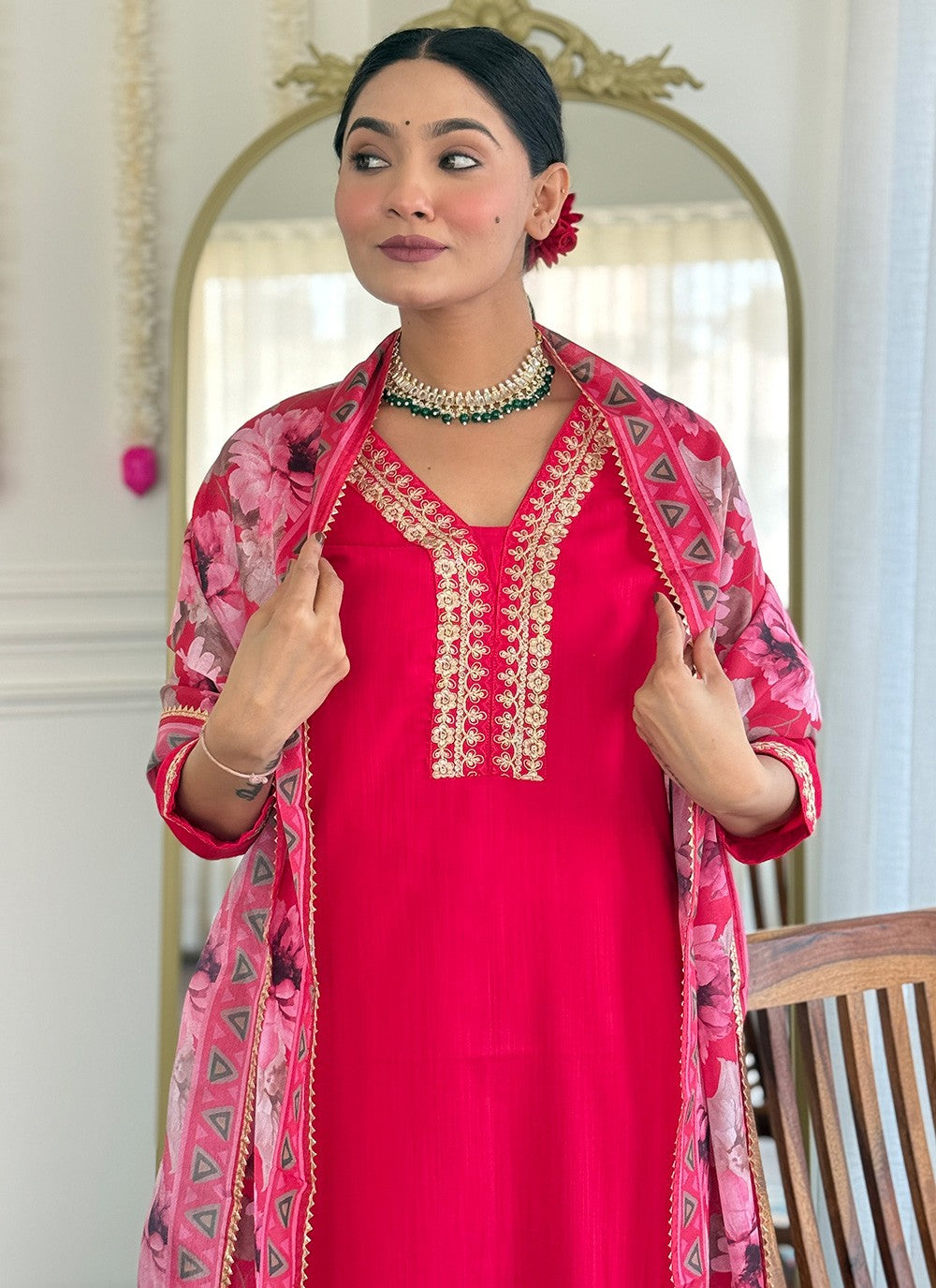 Salwar Suit Embroidered, Printed Pink T7365