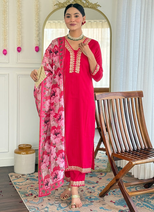 Salwar Suit Embroidered, Printed Pink T7365