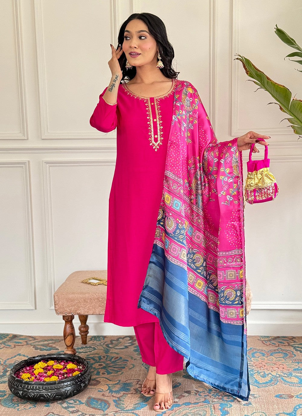 Embroidered Viscose Pant Style Suit - T4727