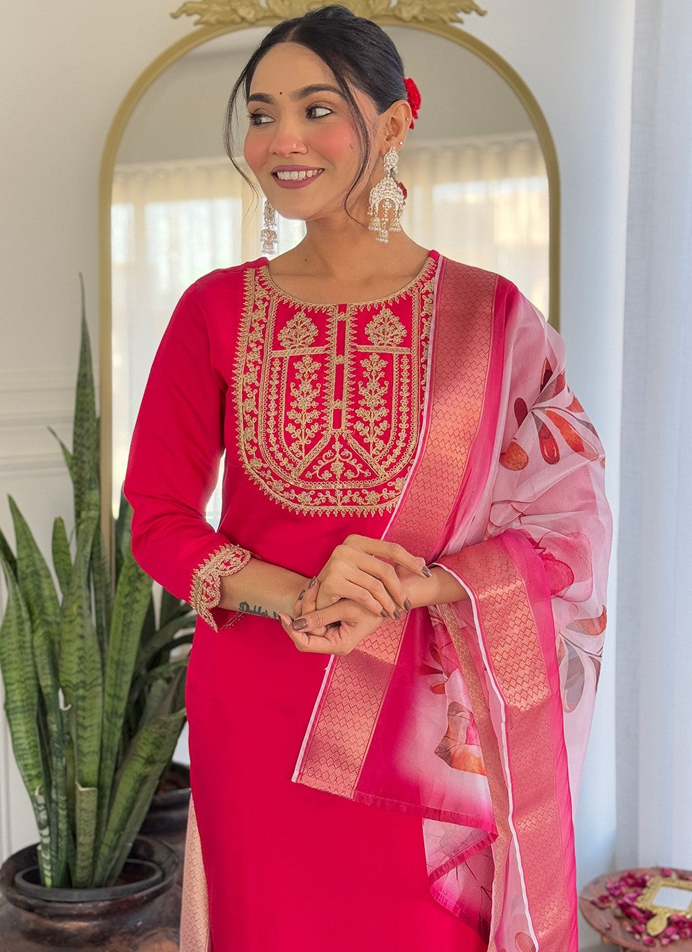 Salwar Suit Embroidered, Printed Pink T7371