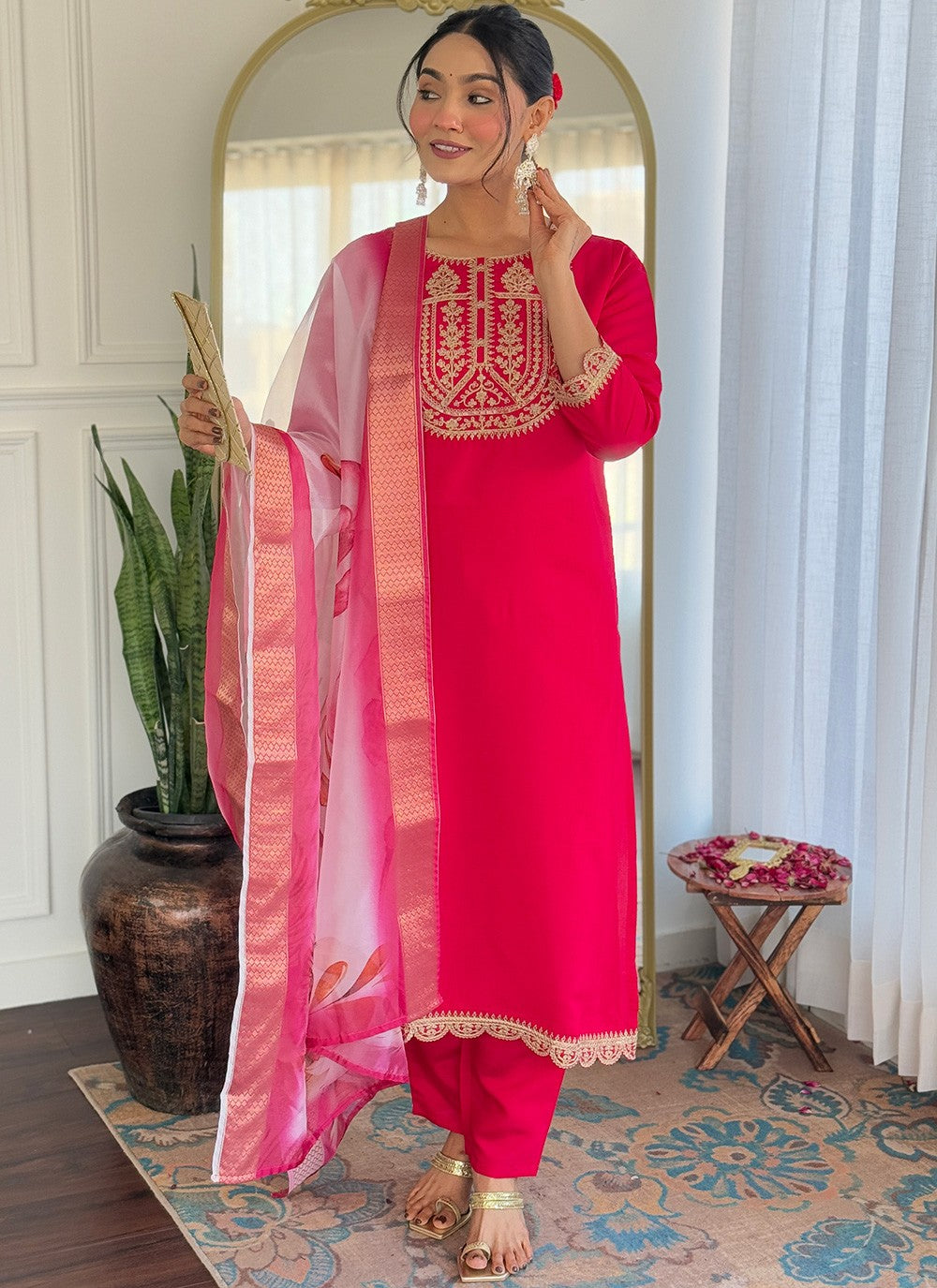 Salwar Suit Embroidered, Printed Pink T7371