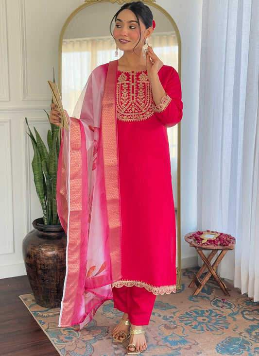 Salwar Suit Embroidered, Printed Pink T7371