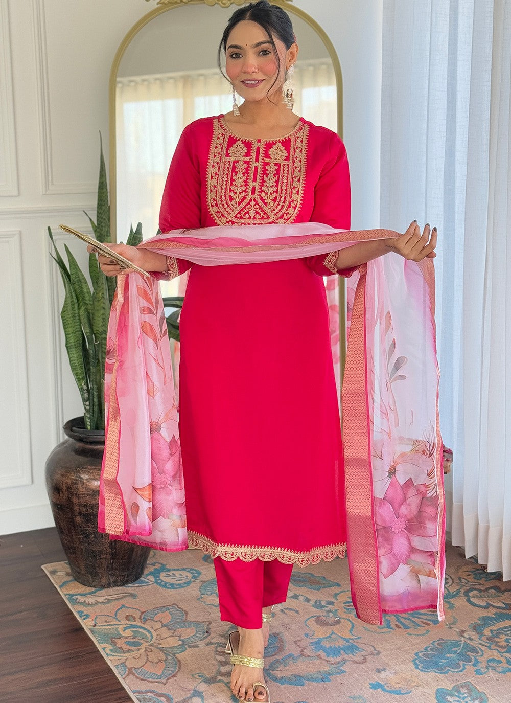 Salwar Suit Embroidered, Printed Pink T7371