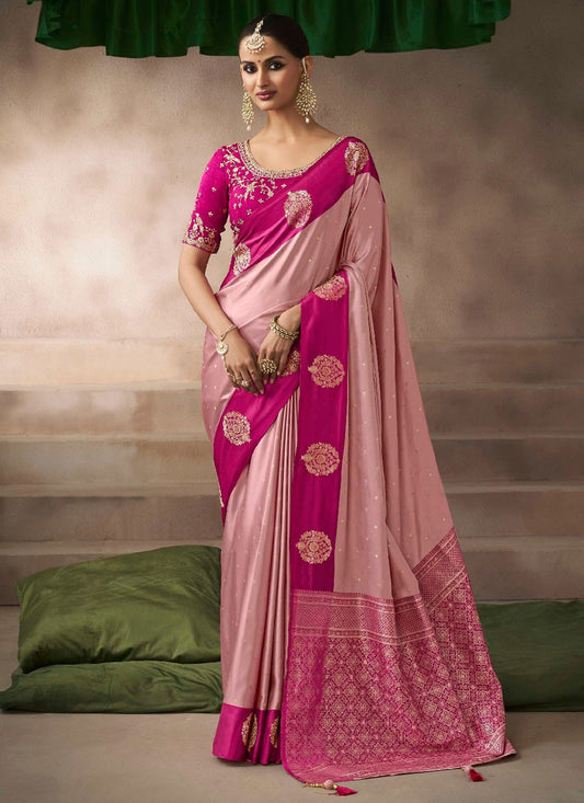 Pink Satin Silk Classic Saree Weaving Zari, Zari S19203