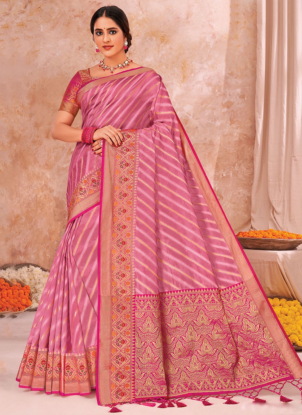 Classic Saree Weaving Zari Pink Organza Saree S13474