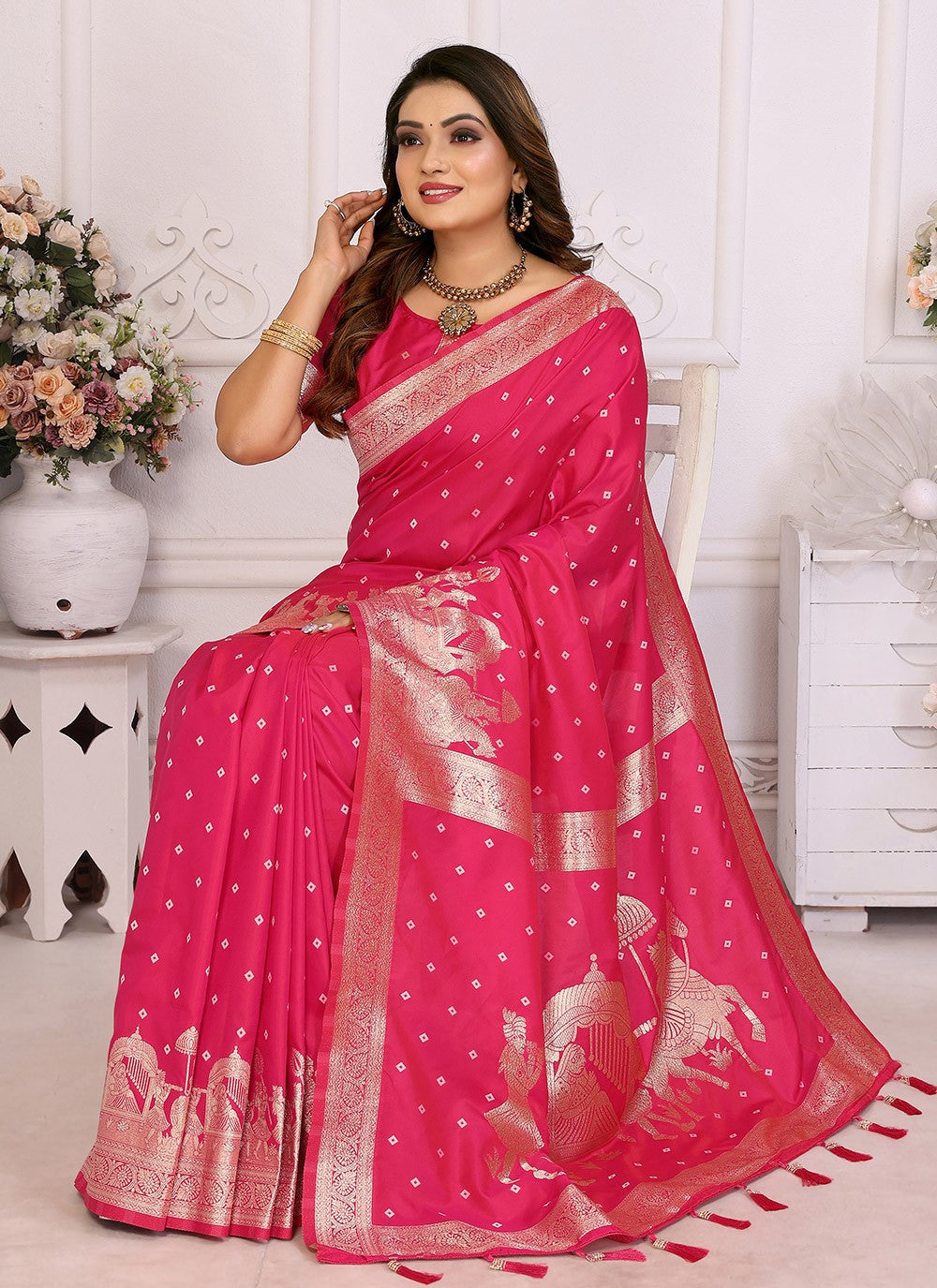 Weaving Zari Silk Pink Saree S14715