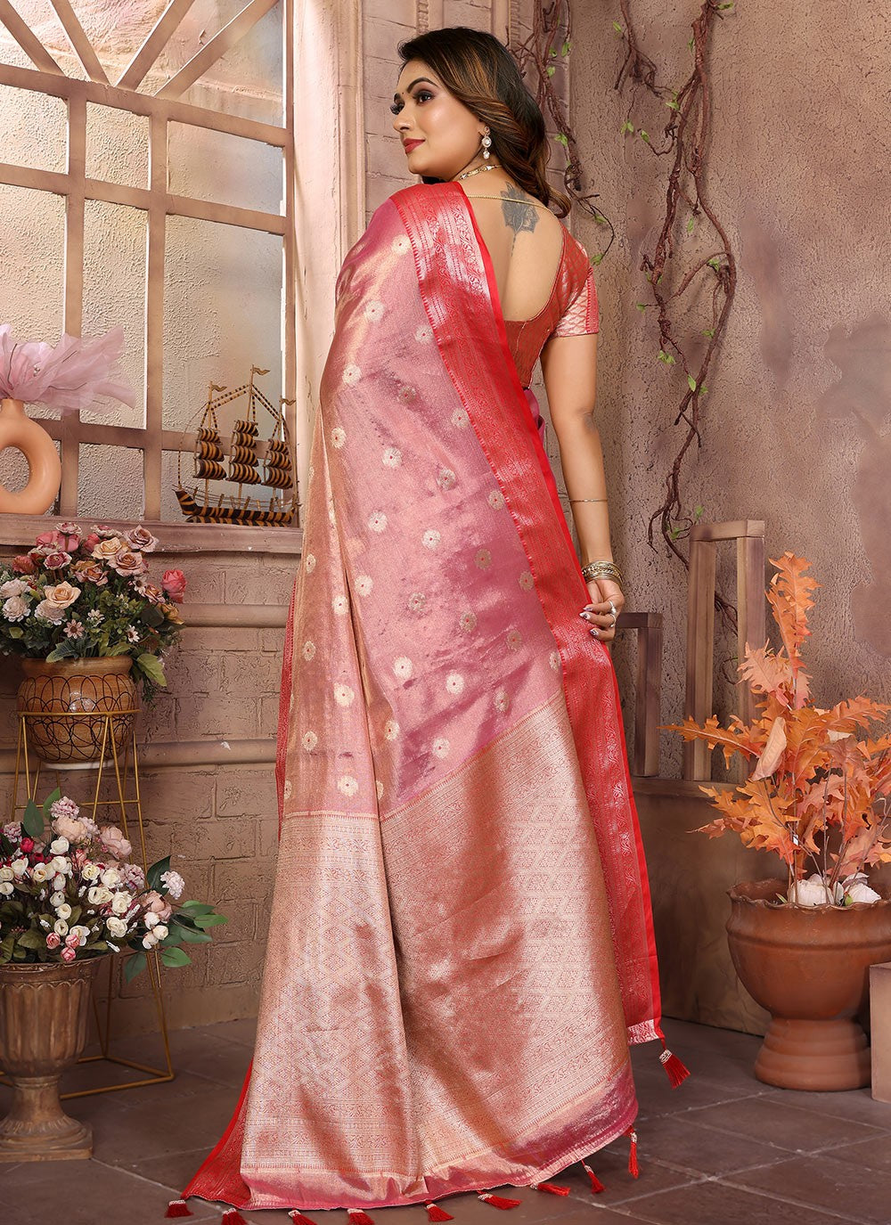 Woven Silk Pink Saree S14615