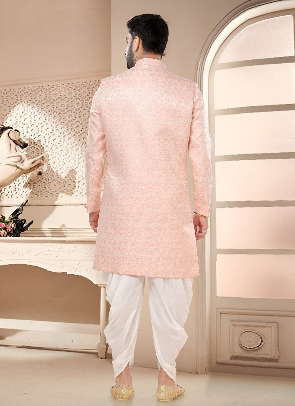 Woven Jacquard Pink Sherwani - M7573