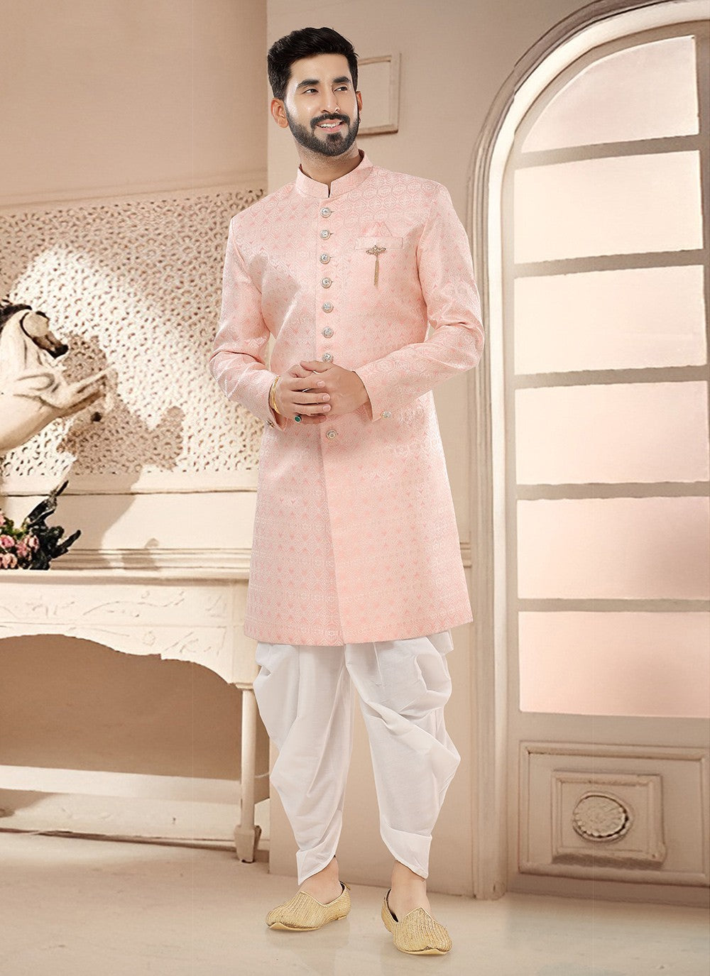 Woven Jacquard Pink Sherwani - M7573