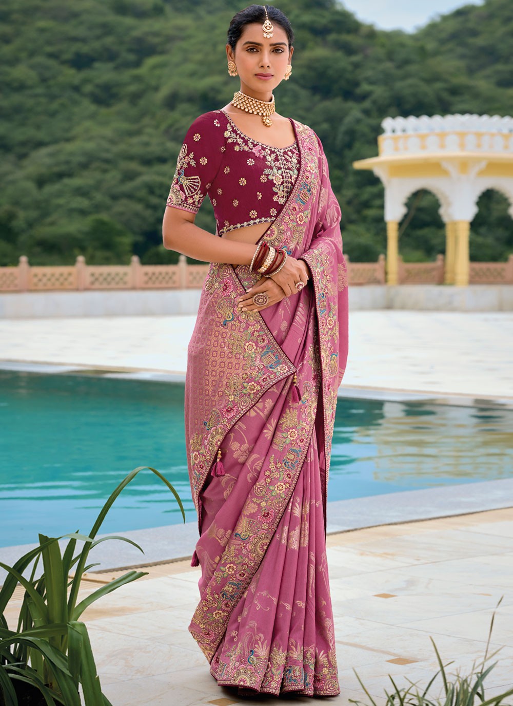 Embroidered Silk Pink Saree S14418