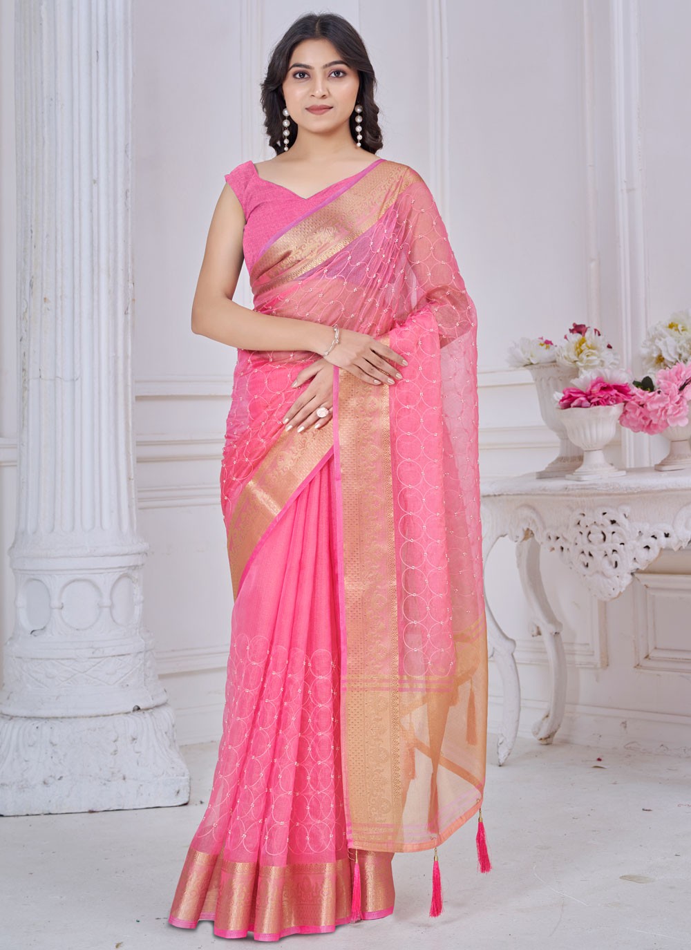 Jacquard Work Jacquard Pink Contemporary Saree S14981