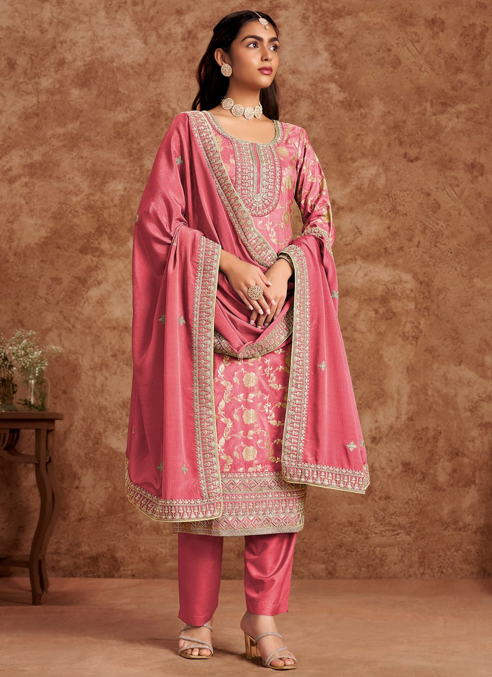 Pant Style Suit Embroidered Pink Pure Dola T5188