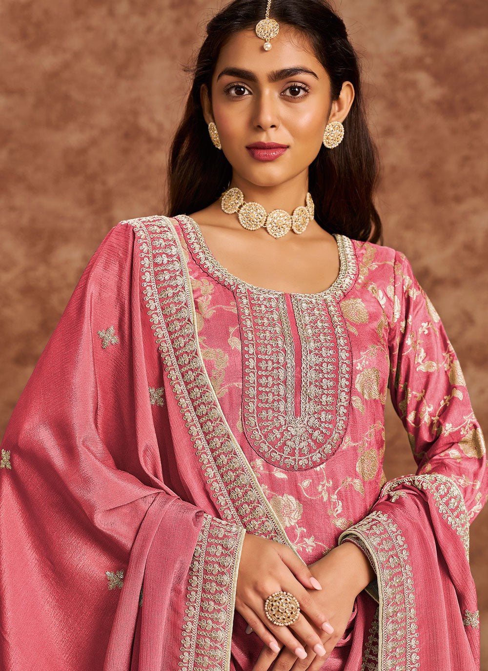 Pant Style Suit Embroidered Pink Pure Dola T5188
