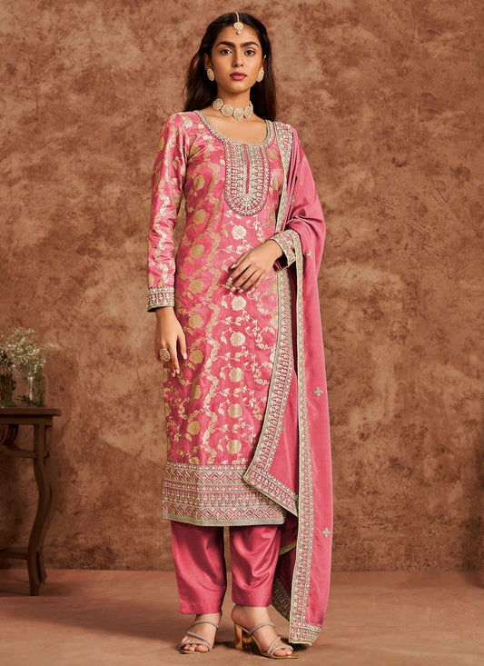 Pant Style Suit Embroidered Pink Pure Dola T5188