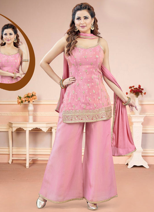 Salwar Suit Embroidered Pink Silk T5849