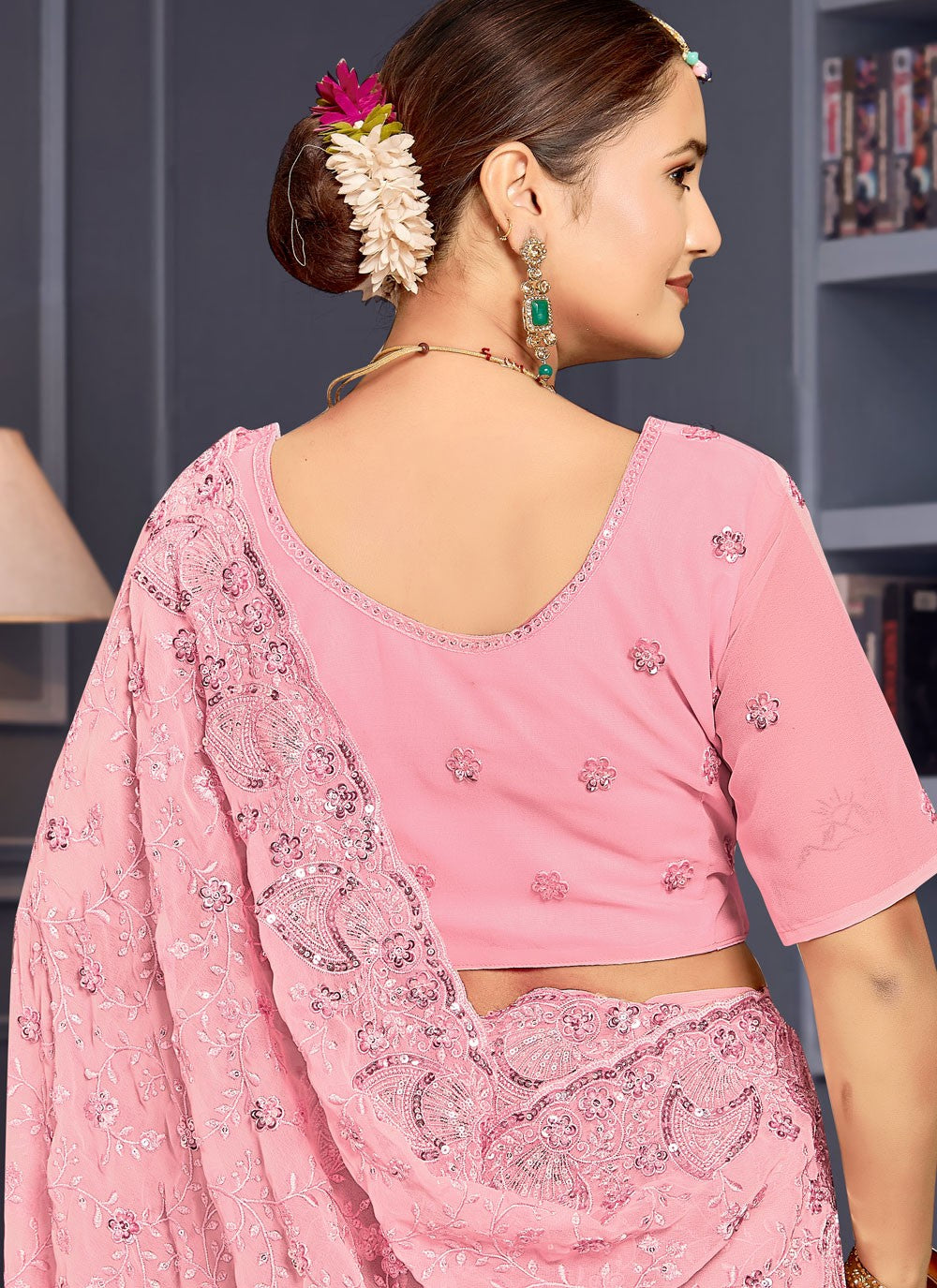 Embroidered Georgette Pink Saree S14657