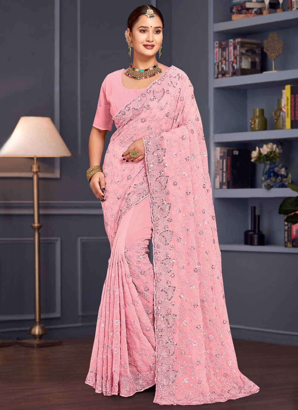 Embroidered Georgette Pink Saree S14657