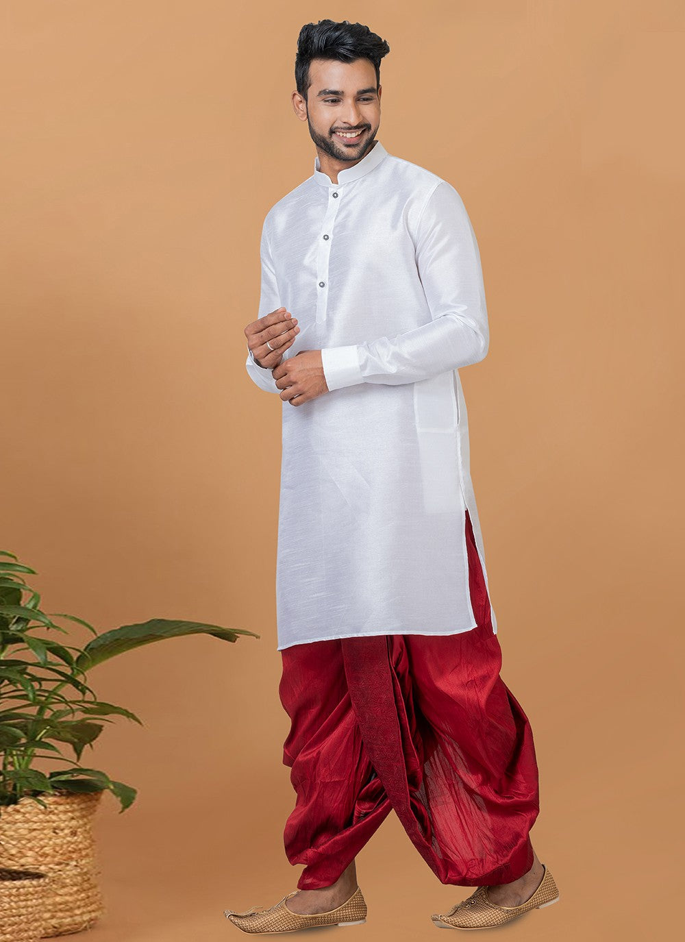 Plain Banarasi Silk White Dhoti Kurta - M5940