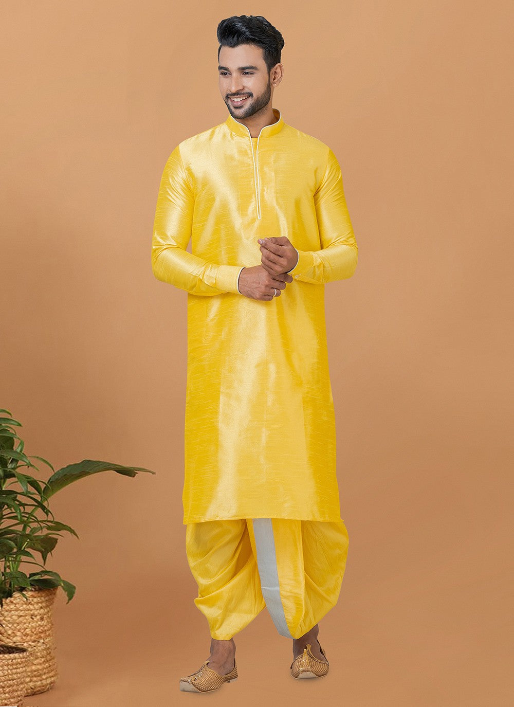 Plain Banarasi Silk Yellow Dhoti Kurta - M5952