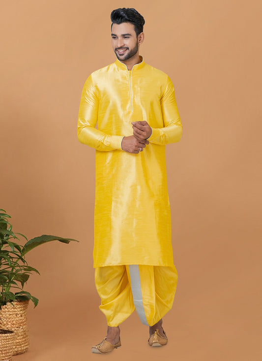Plain Banarasi Silk Yellow Dhoti Kurta - M5952