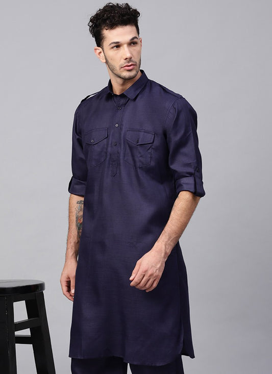 Plain Blended Cotton Navy Blue Kurta - M1955