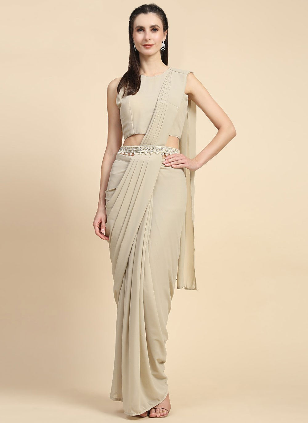 Designer Plain Beige Georgette Saree S12596