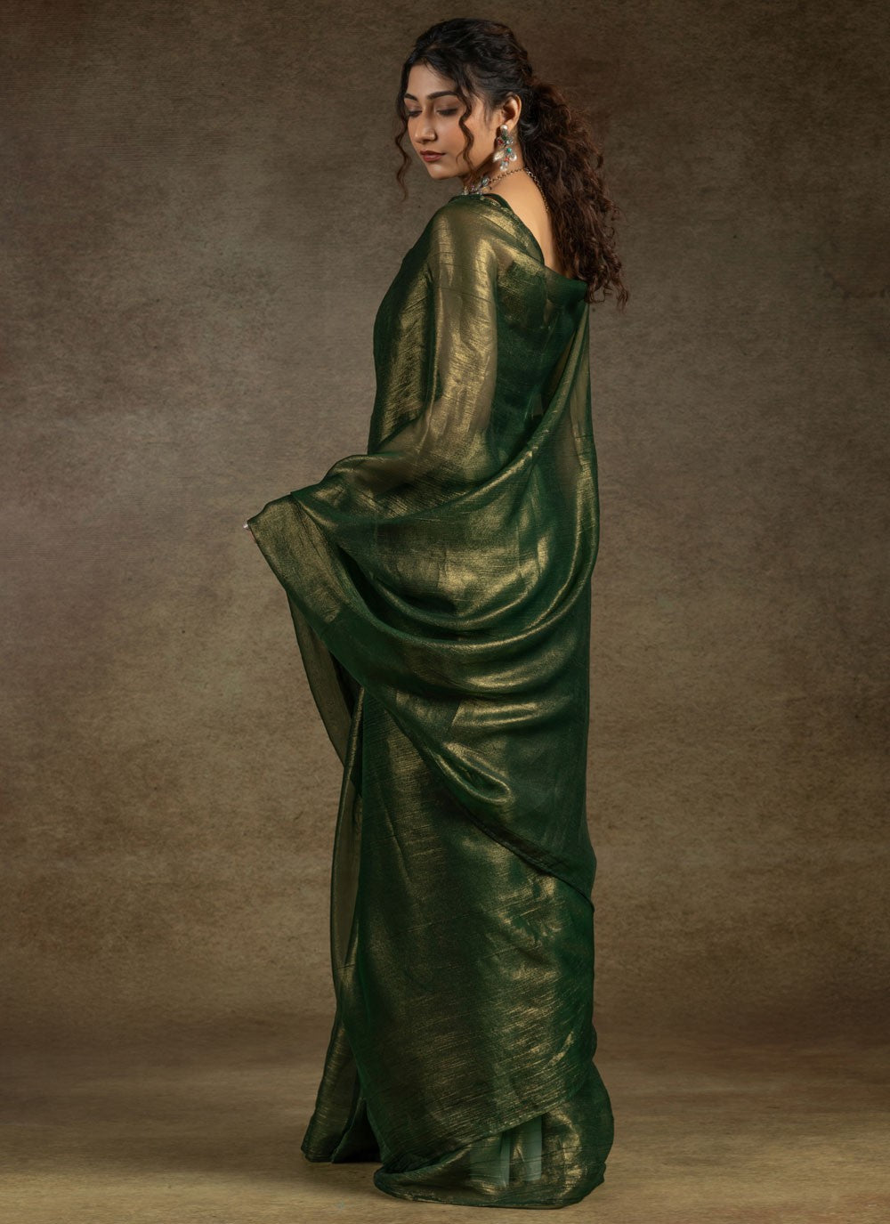 Plain Chiffon Satin Green Traditional Saree S15438