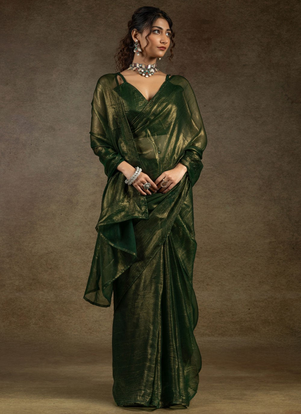 Plain Chiffon Satin Green Traditional Saree S15438