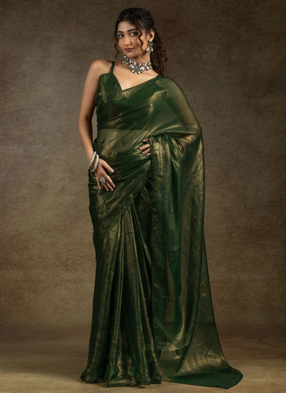 Plain Chiffon Satin Green Traditional Saree S15438