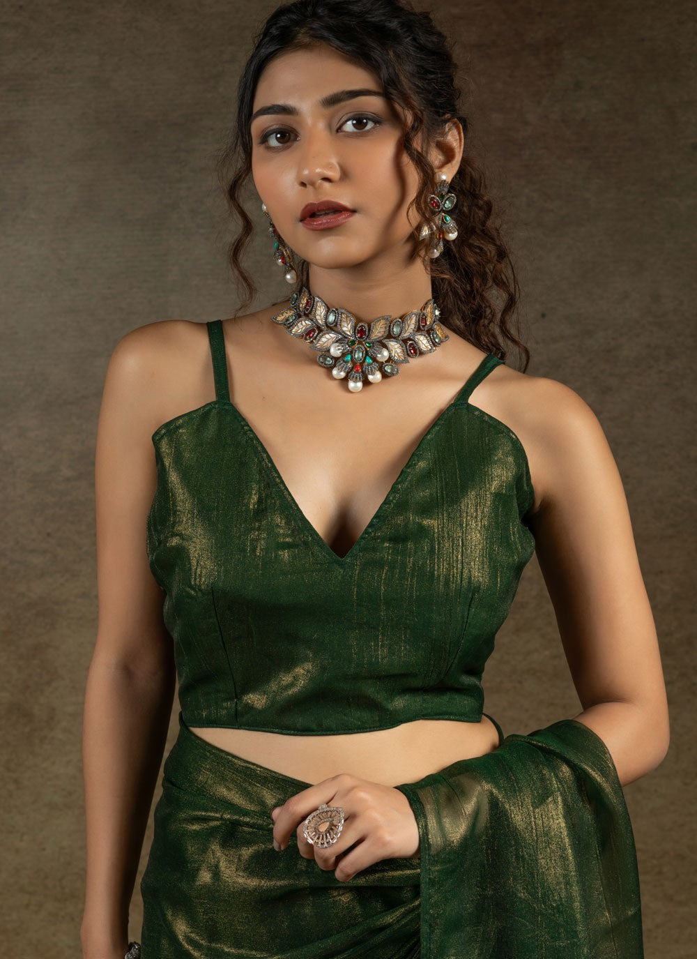 Plain Chiffon Satin Green Traditional Saree S15438