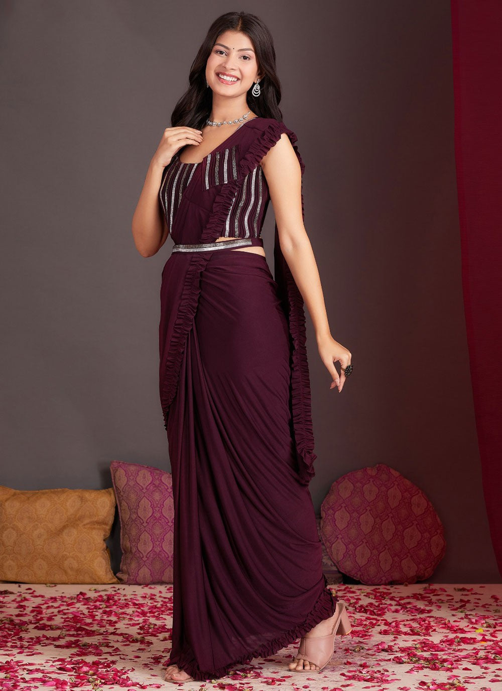 Designer Plain Wine Lycra Saree S12873