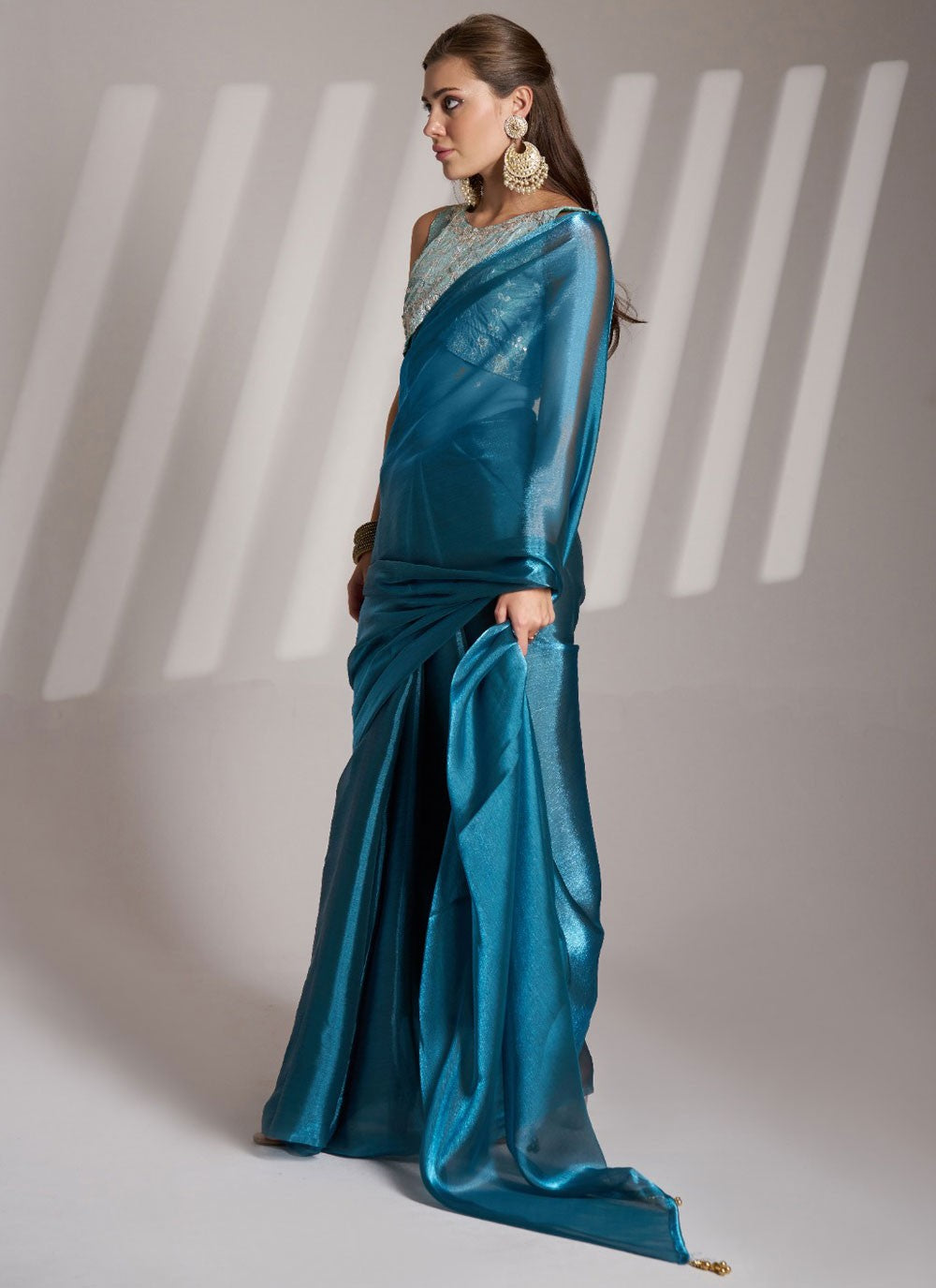Plain Net Morpeach Saree S13868