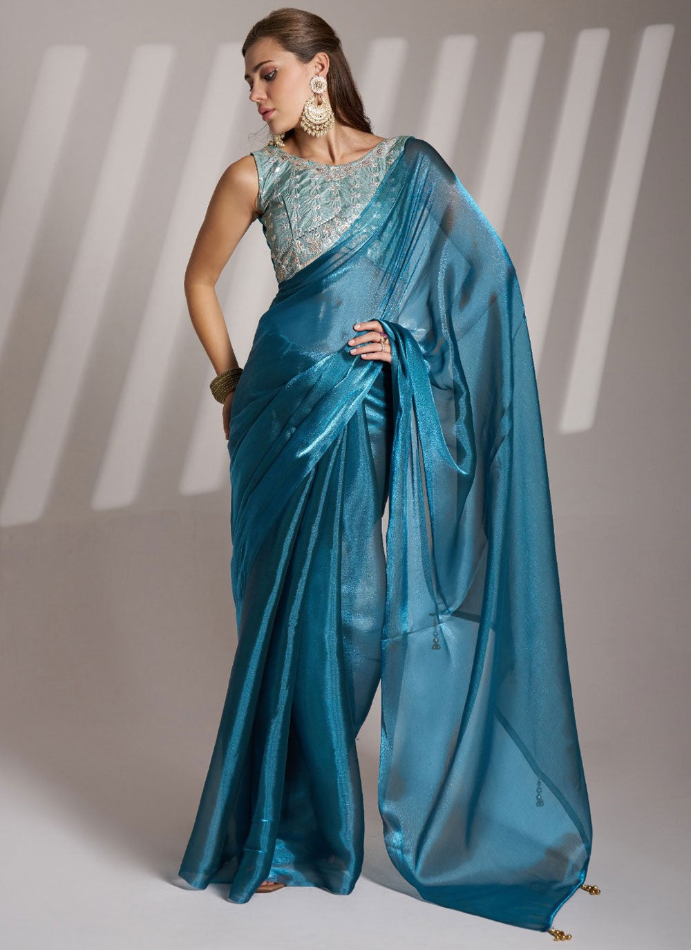 Plain Net Morpeach Saree S14104