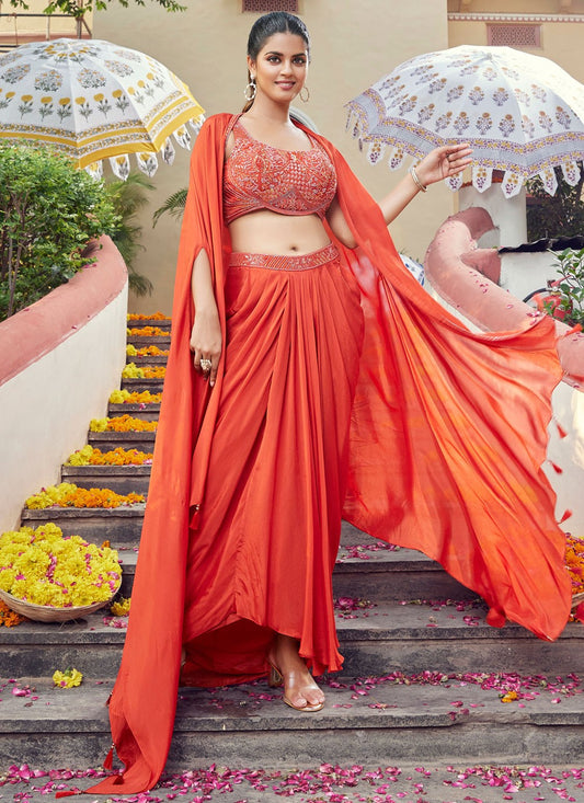 Plain Chinon Orange Lehenga - L3223